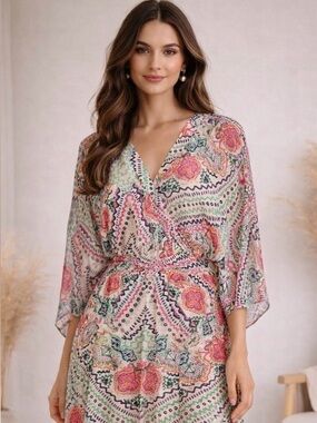 Maeve by Anthropologie Pink & Blue Paisley Floral Dress with Open Back